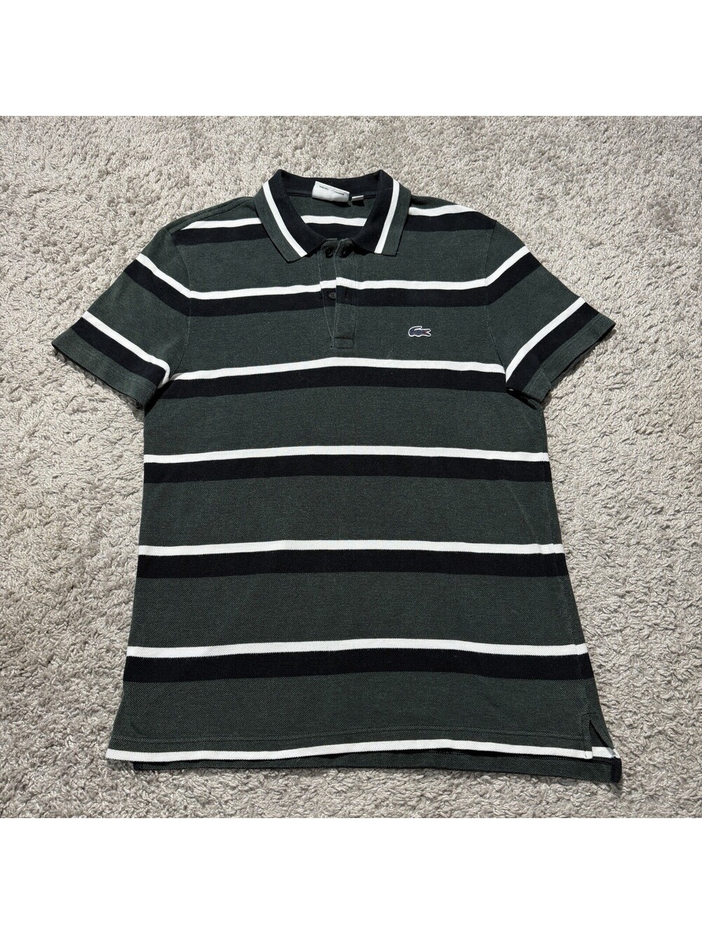 Lacoste Polo Shirt Green Black Striped Cotton Pique France Blue Croc Mens Large